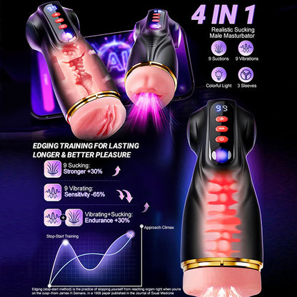 2026 New Model 3 Sleeves Pocket Pussy Penis Pump with 9 Sucking & 9 Vibrating Male Masturbator